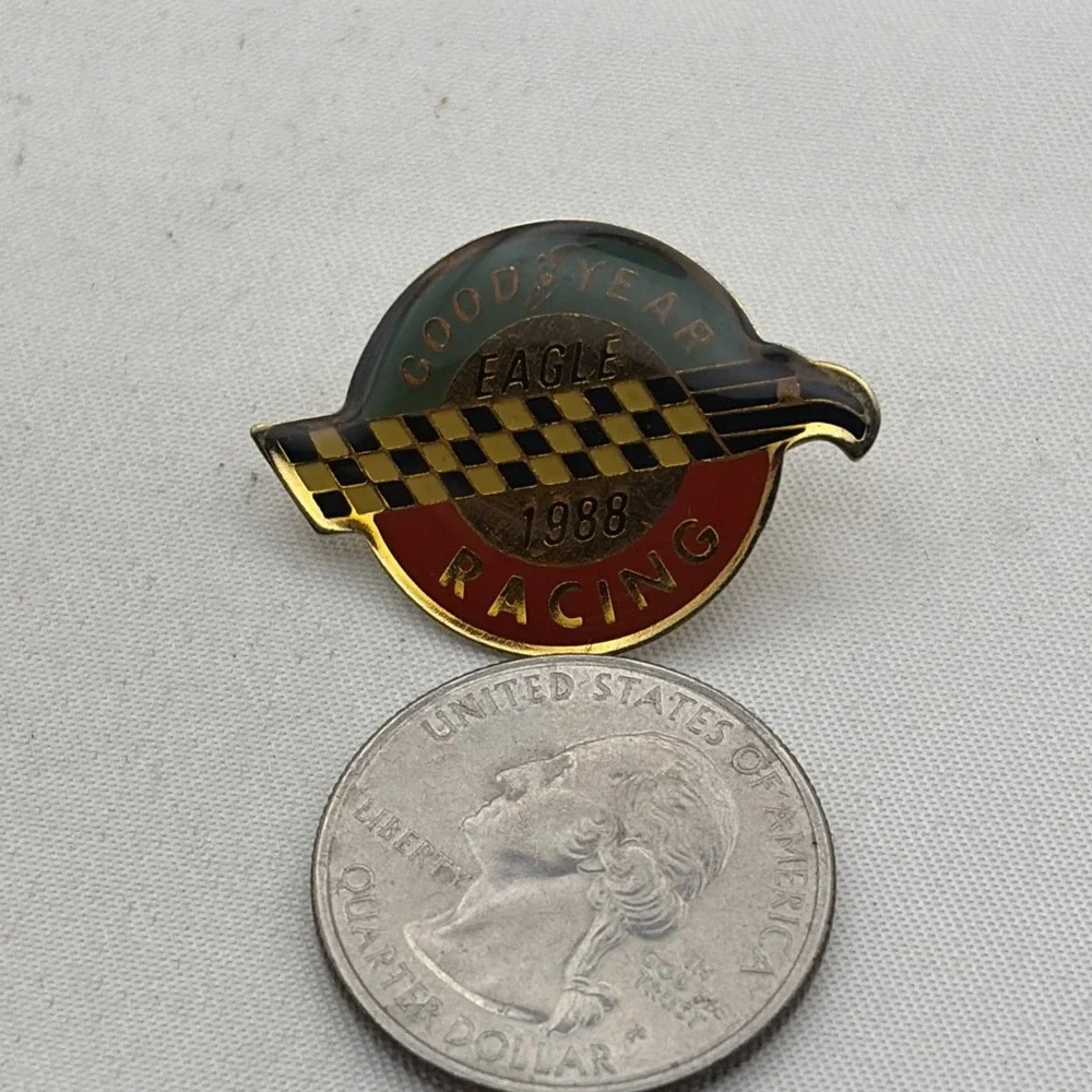Vintage Goodyear Racing Eagle 1988 Lapel Hat Pin Gold Tone Checkered Flag